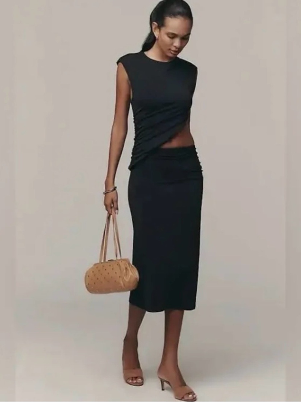 Anthropologie Black Sleeveless Asymmetric Ruched Left Hip Cutout Midi Dress - S